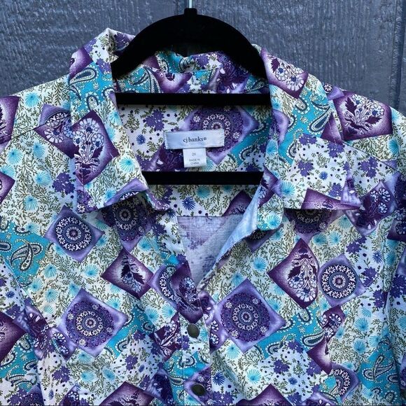 CJ Banks Purple Olive Turquoise Floral Paisley Snap Front Jacket 2X - Picture 3 of 8